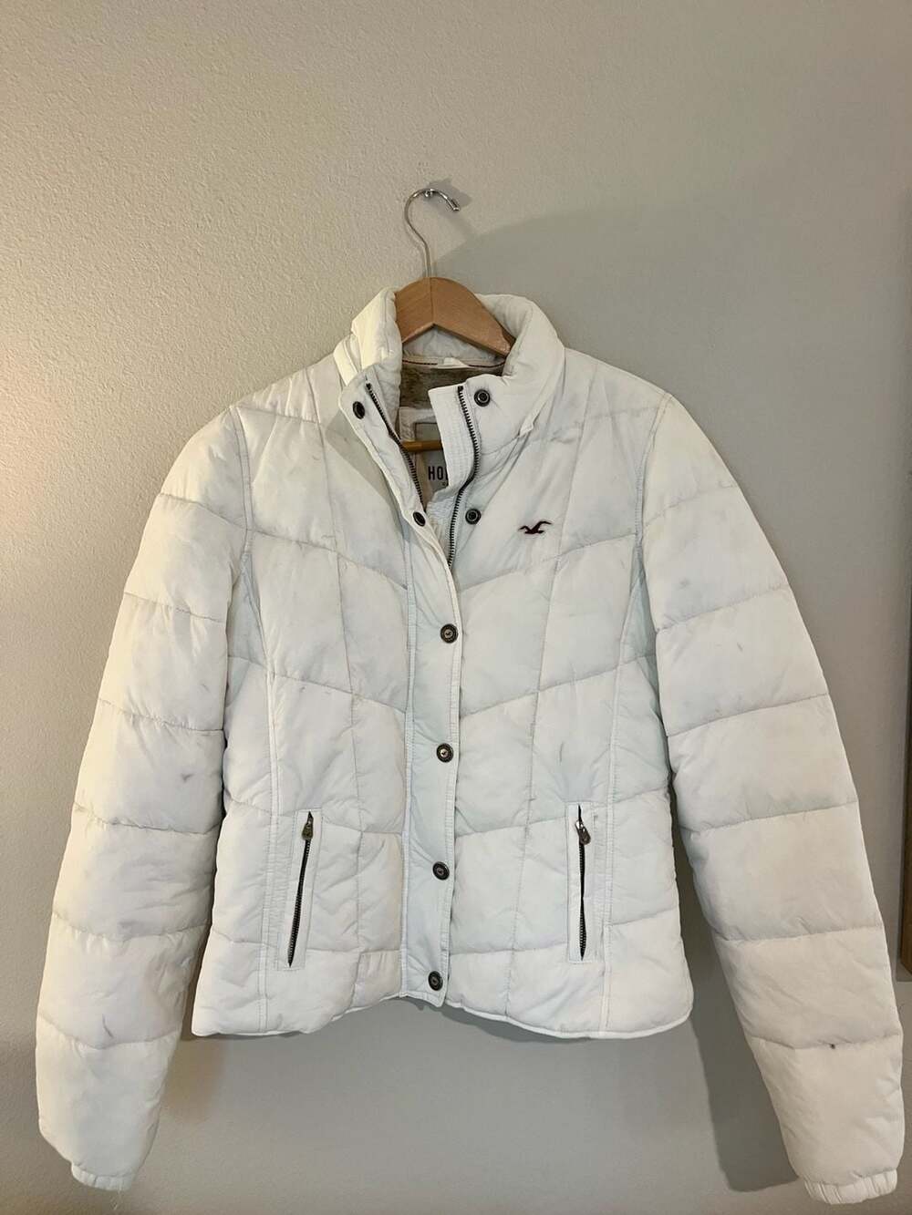 Hollister Y2K Quilted Down Filled Puffer Winter Jacket, White, Faux Fur Lining,L